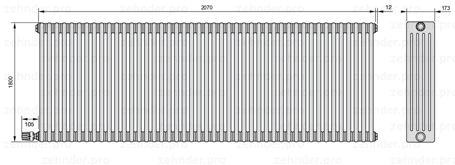 Схема (чертеж) Радиатор Zehnder Charleston 5180/45 №V004 Белый глянцевый RAL 9016